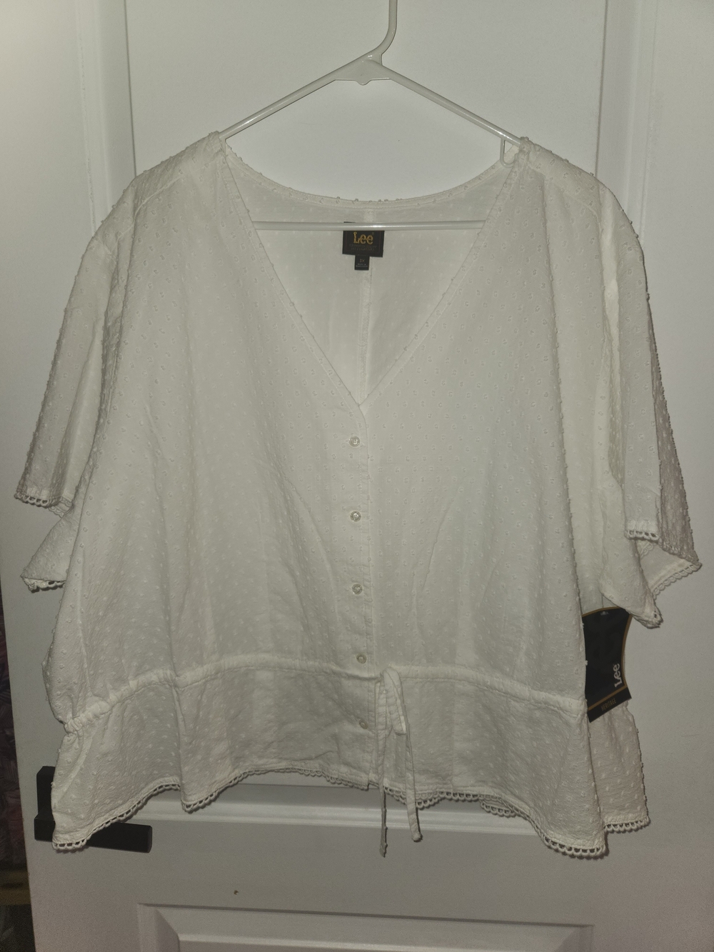 Lee White Swiss Dot Button-Front Blouse with Drawstring Waist